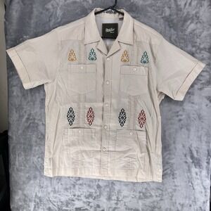Howler Bros Guayabera Shirt Mens Size M Beige Embroidered Short Sleeve Caped